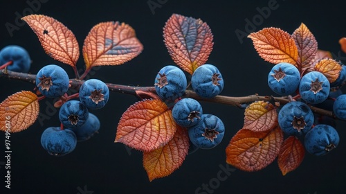 Aronia Berries and Branches Set Isolated on White Background for Healthy Food and Nutrition Concept photo