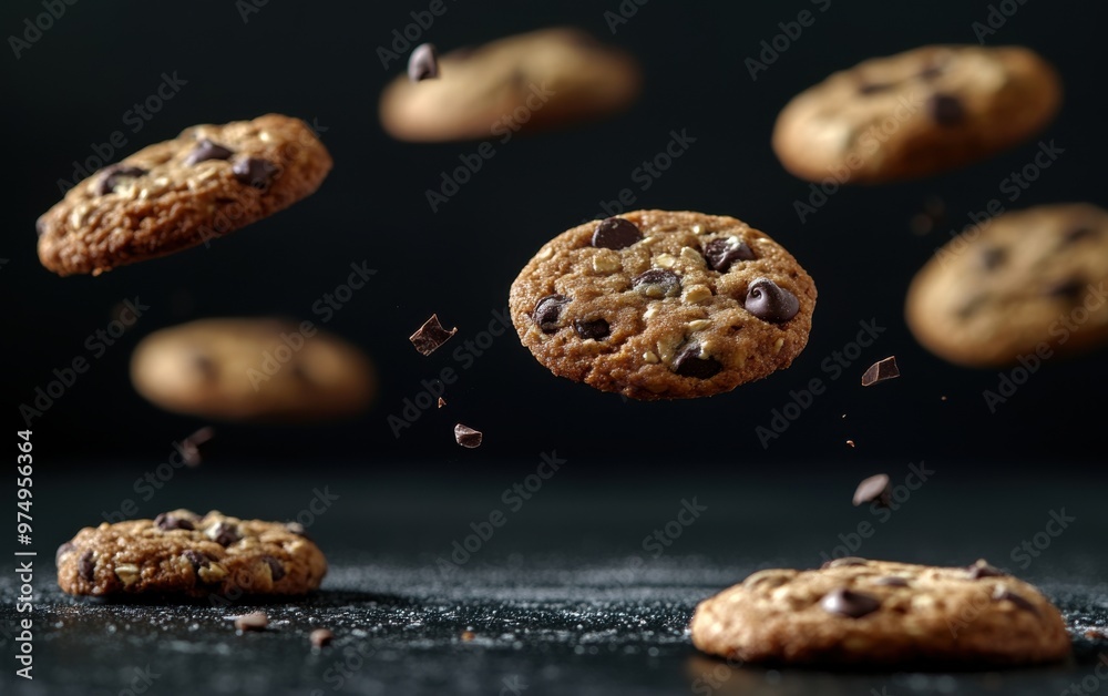 Cookies levitating in mid-air create a playful and dynamic effect against a dark background with rich contrasts Cookies levitating in mid-air create a playful and dynamic effect against a dark background with rich contrasts