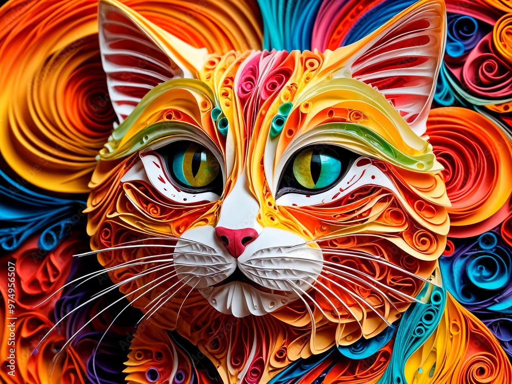Fototapeta premium a digital image made entirely of paper, with paper shaping, including quilling, cat, vivid colors, bright colors, sharp lines, sharp focus, clean lines, intricate, detailed, fine art - generated by ai