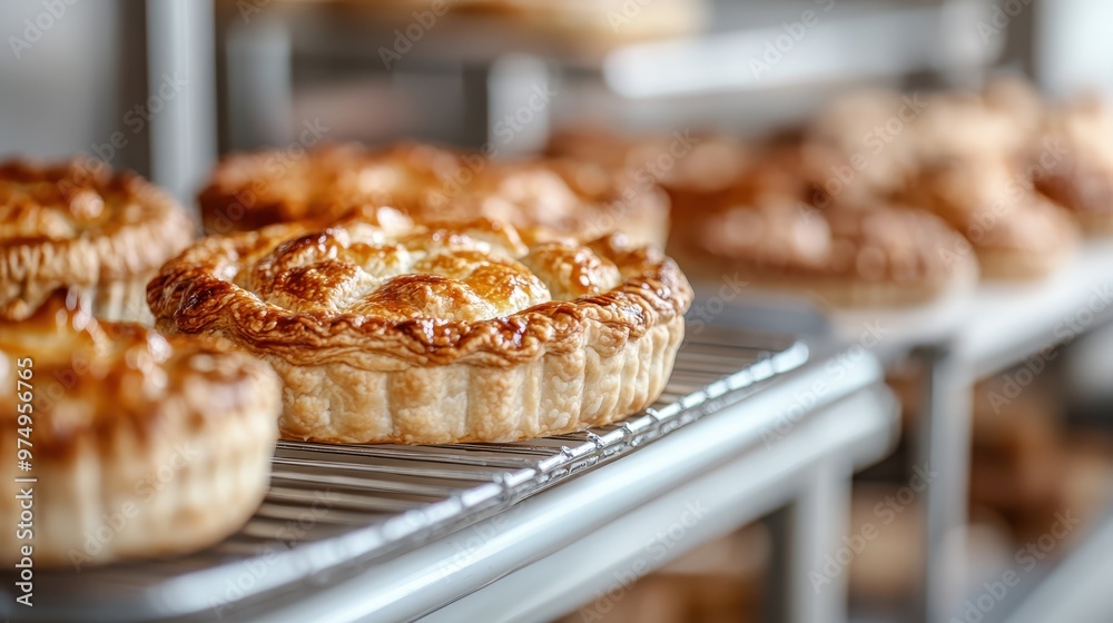 A variety of delicious, golden-brown homemade pies are seen cooling on metal racks in an oven, showcasing their beautifully crisp crusts and delightful detailing. A variety of delicious, golden-brown homemade pies are seen cooling on metal racks in an oven, showcasing their beautifully crisp crusts and delightful detailing.