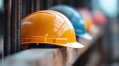 Various colored safety helmets are displayed in a neat row on a wooden beam, representing the diversity and safety measures essential in construction and industrial environments. photo