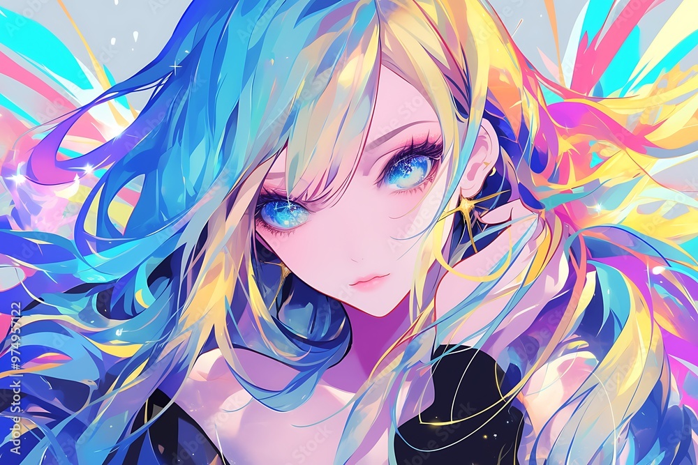 Naklejka premium Anime girl with blue and yellow hair and blue eyes, digital art illustration