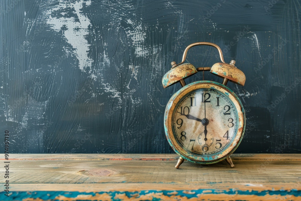 Old, slightly rusty alarm clock sits on a wooden table, its hands indicating the time as seven o'clock Old, slightly rusty alarm clock sits on a wooden table, its hands indicating the time as seven o'clock