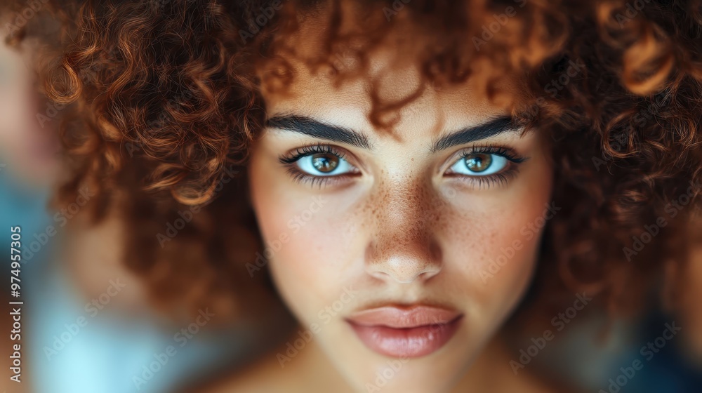 A compelling close-up of a curly-haired woman with piercing blue eyes and freckles, capturing intensity and emotion through a deeply engaging and powerful gaze. A compelling close-up of a curly-haired woman with piercing blue eyes and freckles, capturing intensity and emotion through a deeply engaging and powerful gaze.