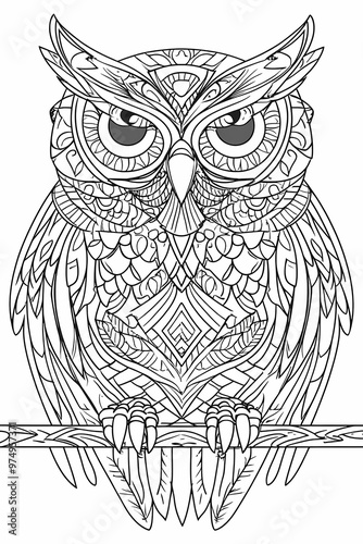 owl mandala geometric coloring book thick outlines illustration in black and white