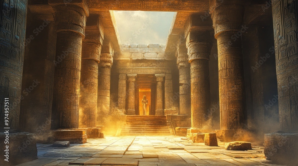 Fototapeta premium Ancient Egyptian Temple Interior with a Woman Standing in the Entrance
