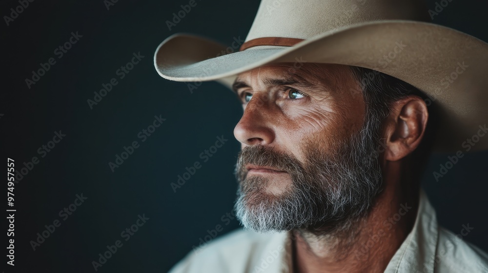 A close-up shot of a man wearing a cowboy hat, set against a dark background which accentuates the rugged features and character of the subject, embodying rural charm. A close-up shot of a man wearing a cowboy hat, set against a dark background which accentuates the rugged features and character of the subject, embodying rural charm.