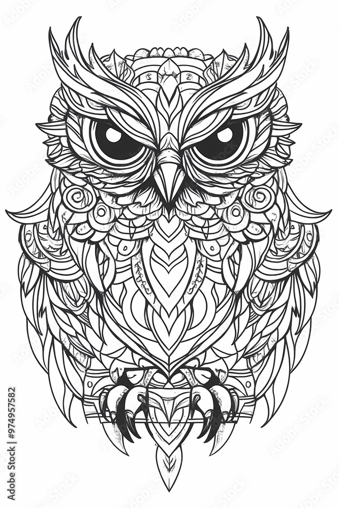 Obraz premium owl mandala geometric coloring book thick outlines illustration in black and white