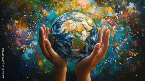 Hands Holding Earth in a Cosmic Setting