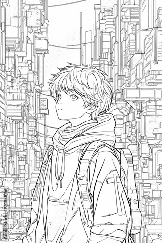simple cyberpunk anime boy coloring book thick outlines illustration for kids in black and white