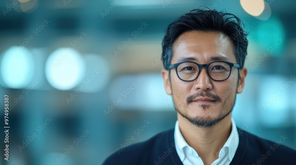 A serene man in glasses stands confidently in an office space, with blurred ambient lighting accentuating a calm and focused atmosphere in the workplace. A serene man in glasses stands confidently in an office space, with blurred ambient lighting accentuating a calm and focused atmosphere in the workplace.
