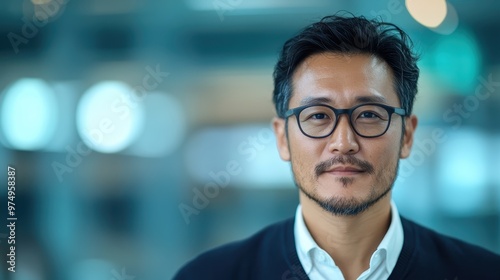 A serene man in glasses stands confidently in an office space, with blurred ambient lighting accentuating a calm and focused atmosphere in the workplace.