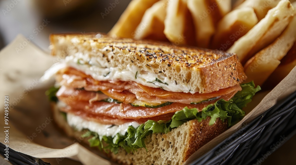 A close-up view of a mouth-watering sandwich with fresh ingredients like lettuce and salmon, accompanied by crispy fries, presented in a rustic basket setting. A close-up view of a mouth-watering sandwich with fresh ingredients like lettuce and salmon, accompanied by crispy fries, presented in a rustic basket setting.