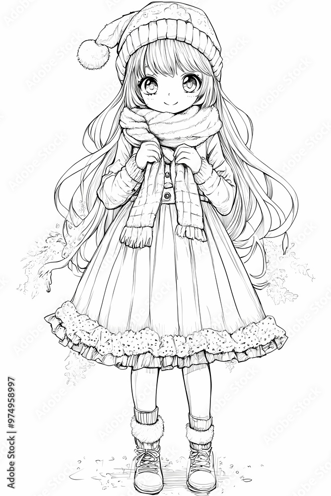 Fototapeta premium simple anime girl with snowman in the background snowflakes christmas coloring book thick outlines illustration for kids in black and white