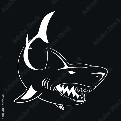 White logo of a dangerous shark. Vector on black background