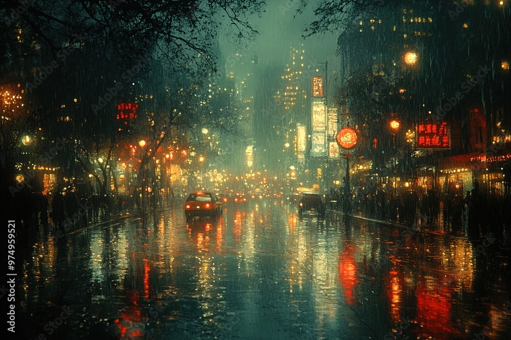 Rain falling on a city street at night Rain falling on a city street at night