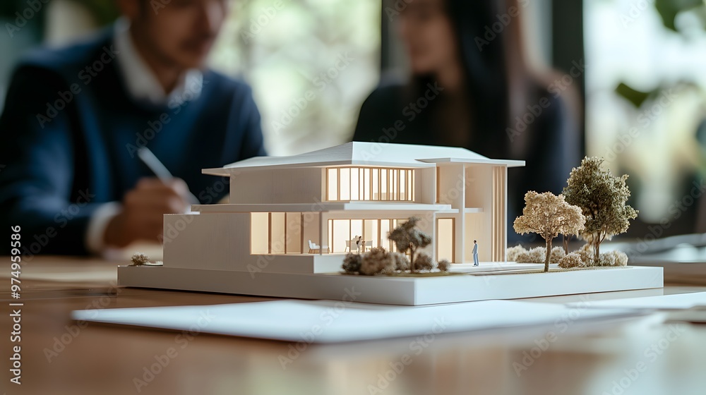 Architectural Model of a Modern House with Trees and a Person Architectural Model of a Modern House with Trees and a Person