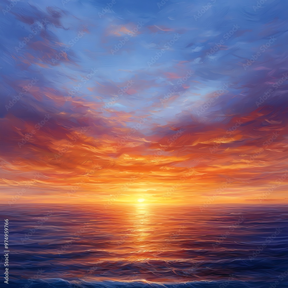 Digital art of a sunset over the ocean capturing in dynamic colors and blending technique. Digital art of a sunset over the ocean capturing in dynamic colors and blending technique.