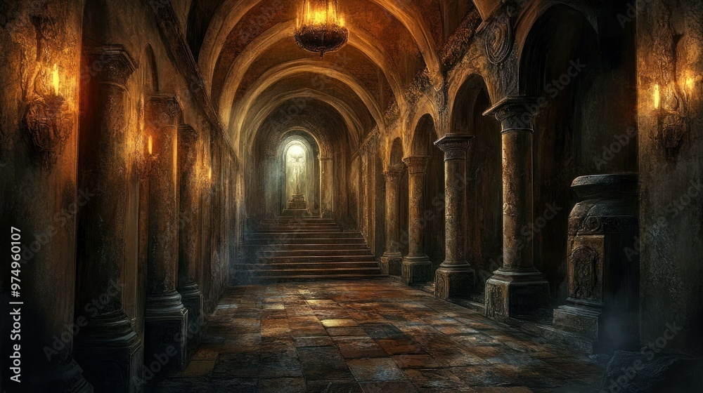 Stone Corridor with Light at the End and a Set of Steps Stone Corridor with Light at the End and a Set of Steps