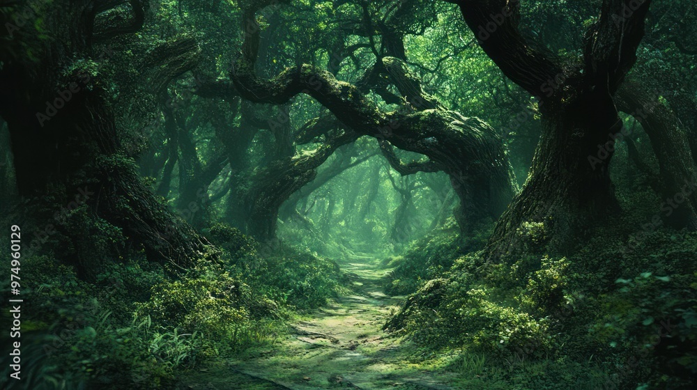 A Mystical Path Through a Lush, Foggy Forest A Mystical Path Through a Lush, Foggy Forest