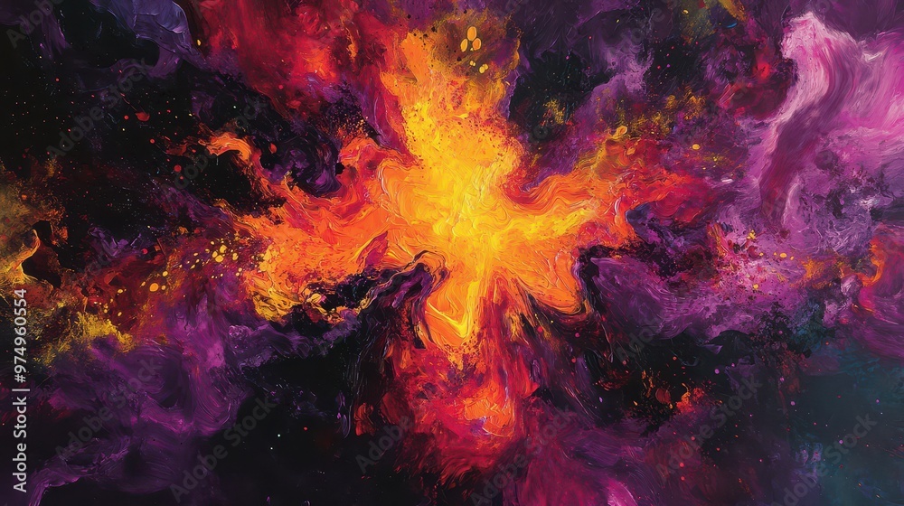 High-resolution image of a color explosion with deep purples, bright yellows, and fiery reds on a dark canvas High-resolution image of a color explosion with deep purples, bright yellows, and fiery reds on a dark canvas
