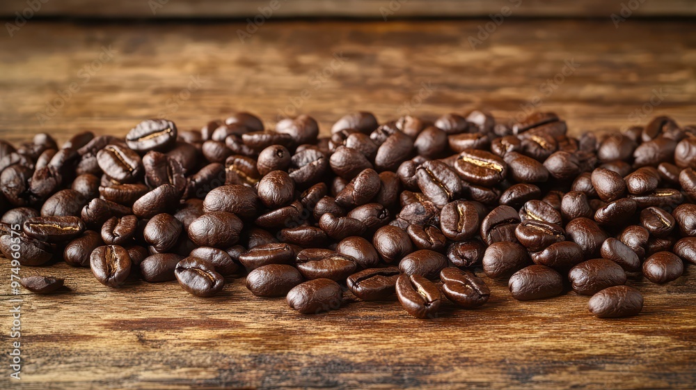 Fototapeta premium High-resolution close-up of freshly roasted coffee beans scattered on a wooden surface