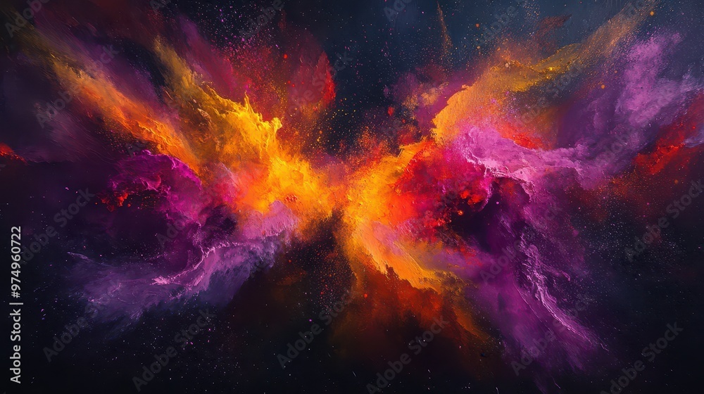 High-resolution image of a color explosion with deep purples, bright yellows, and fiery reds on a dark canvas High-resolution image of a color explosion with deep purples, bright yellows, and fiery reds on a dark canvas