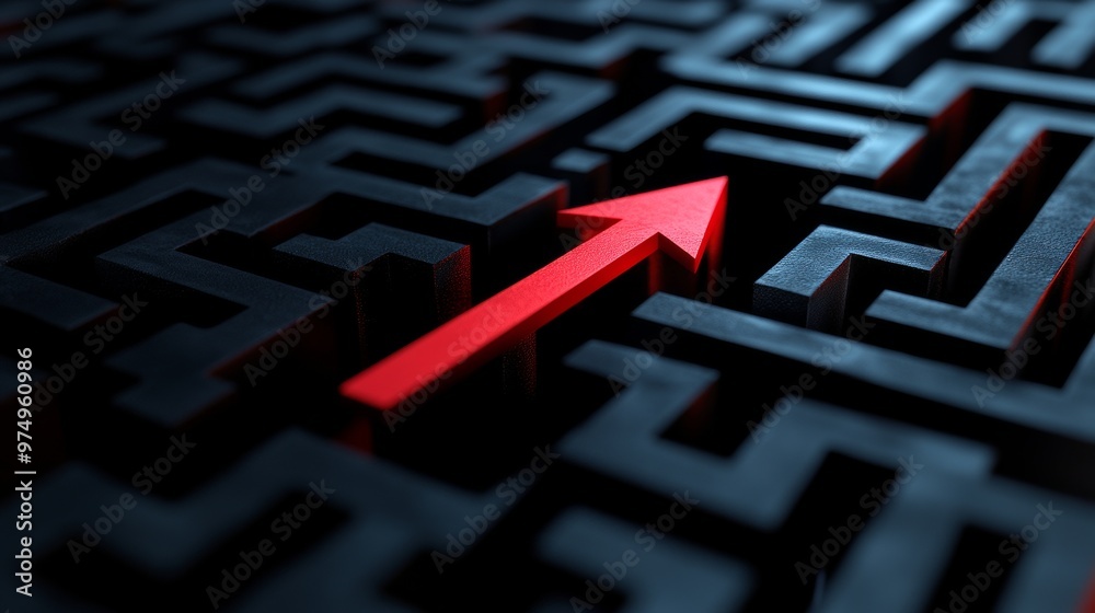 red arrow navigating black maze, direction and solution concept red arrow navigating black maze, direction and solution concept