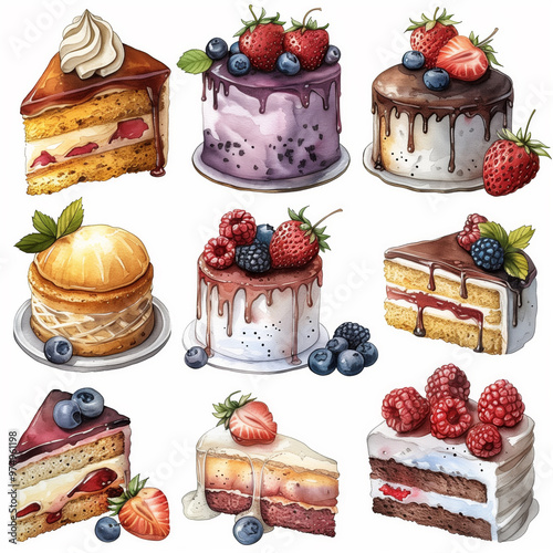 Cute baked pieces of cakes with ice cream,whipped cream, and berries watercolor illustration on white background