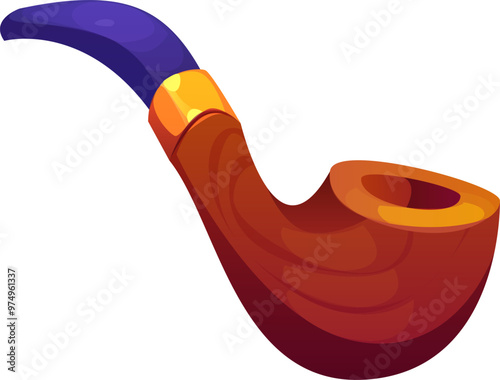 Cartoon pirate smoking pipe with a curved stem and a wide bowl. vintage device carved from dark wood. Isolated vector tool for inhaling tobacco smoke, traditional item of corsairs and filibusters