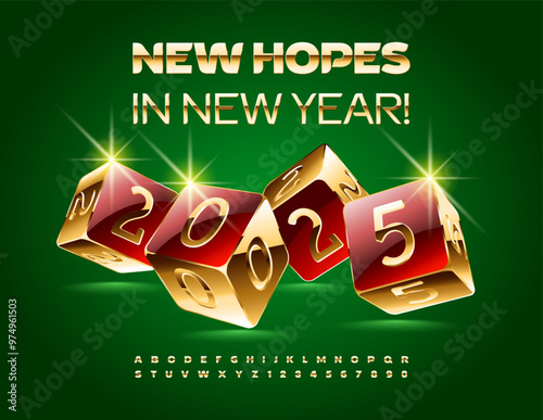 Vector luxury Wish Card New Hopes in New Year 2025! Elite Gold Font. Premium style Alphabet Letters and Numbers set.