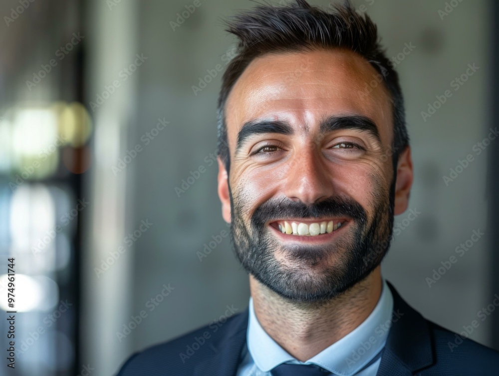 A man with a beard and mustache smiling for the camera. AI.