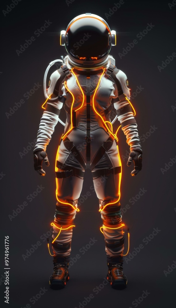 A man in an astronaut suit with neon lights on his body. AI. A man in an astronaut suit with neon lights on his body. AI.
