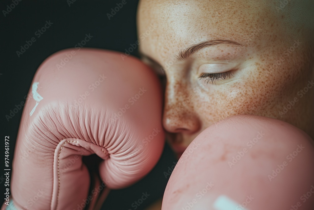 Fototapeta premium Female boxer. Hairless woman with pink boxing gloves on a black background. Fight against breast cancer. Power of thought and positivity. Breast cancer awareness concept banner.