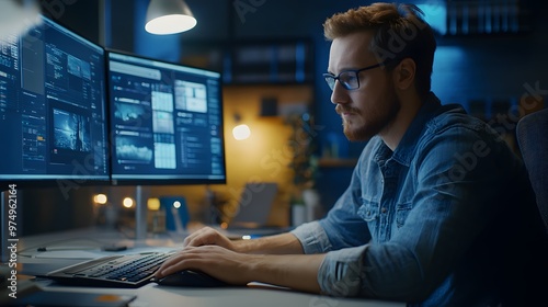 Bearded Man Wearing Glasses Working on Dual Monitors in a Dark Office photo