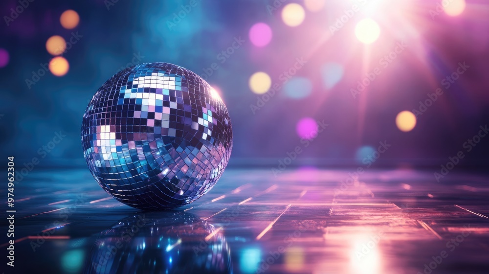 Obraz premium A captivating disco ball reflects colorful lights on a retro dance floor, creating an energetic atmosphere perfect for dancing and celebration