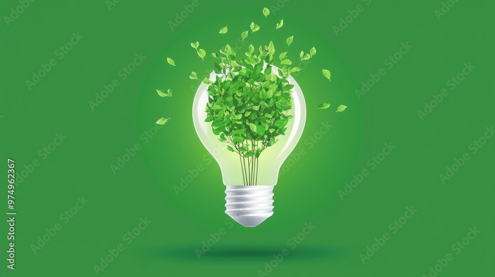 A light bulb filled with vibrant green leaves, symbolizing eco-friendliness and sustainable energy concepts. A light bulb filled with vibrant green leaves, symbolizing eco-friendliness and sustainable energy concepts.