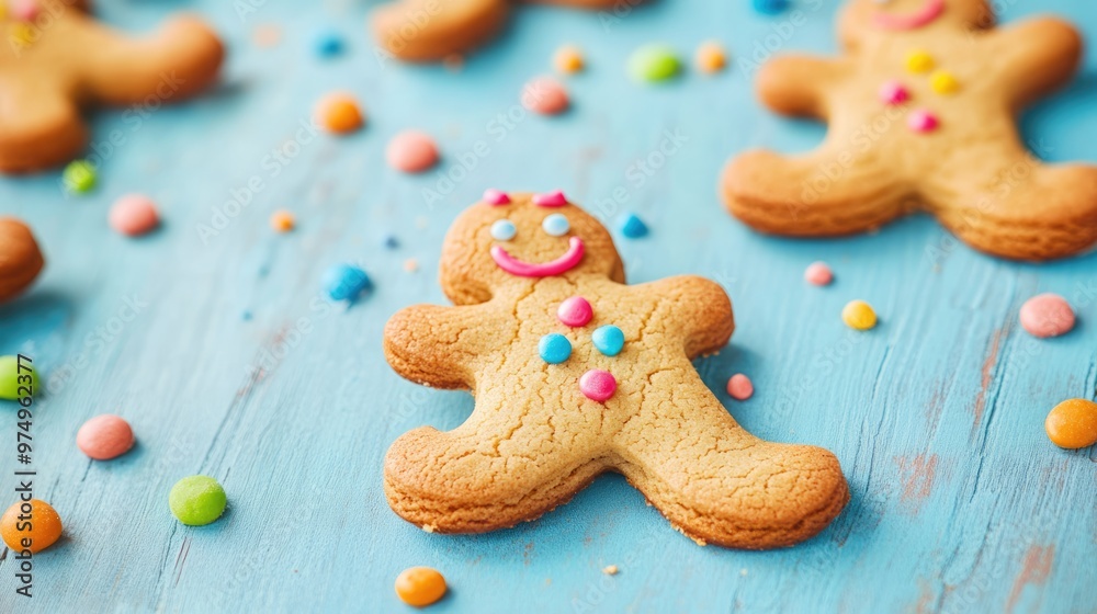 A fun arrangement of cookies shaped like little people lies on a vibrant blue surface, each adorned with colorful decorations and smiling faces A fun arrangement of cookies shaped like little people lies on a vibrant blue surface, each adorned with colorful decorations and smiling faces