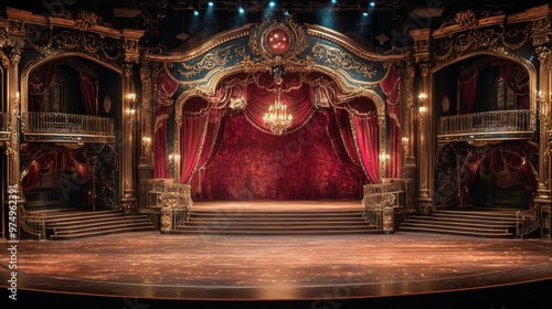 Ornate Stage with Red Curtains and a Chandelier