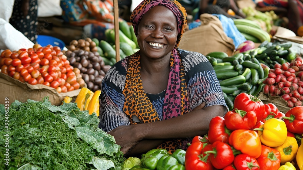 A friendly vegetable seller beams while surrounded by a vibrant selection of fresh fruits and vegetables at the local market filled with shoppers A friendly vegetable seller beams while surrounded by a vibrant selection of fresh fruits and vegetables at the local market filled with shoppers