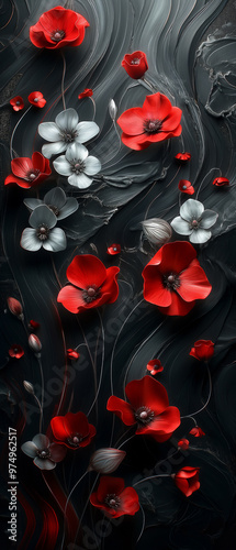 Volumetric red and white flowers and buds on a black background.