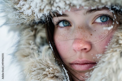 Beautiful young woman is braving the cold with a smile on her face photo