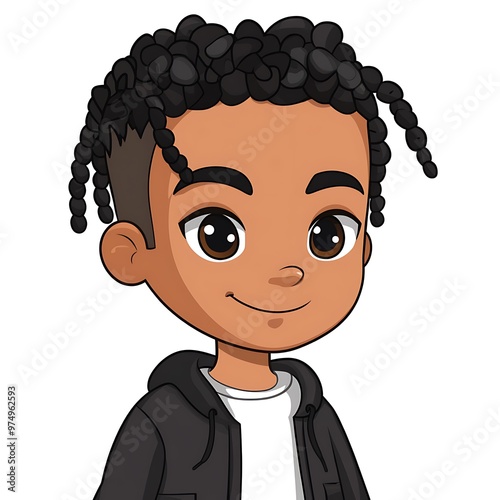 Cute cartoon boy with braided hair smiling, happy, friendly, and playful