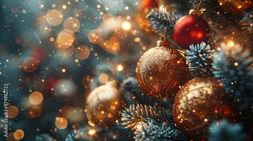 Sparkling Christmas Tree with Colorful Baubles and Bokeh Background