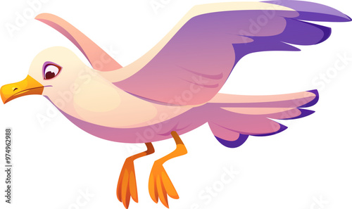 Cartoon flying seagull character in mid-flight with its wings spread wide, catching the wind, and legs extended. Isolated vector agile bird soars in the air, embodies the spirit of coastal freedom