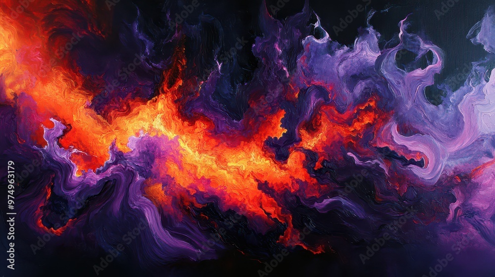 Intense color burst with rich purples and fiery reds, set against a black background for dramatic effect Intense color burst with rich purples and fiery reds, set against a black background for dramatic effect