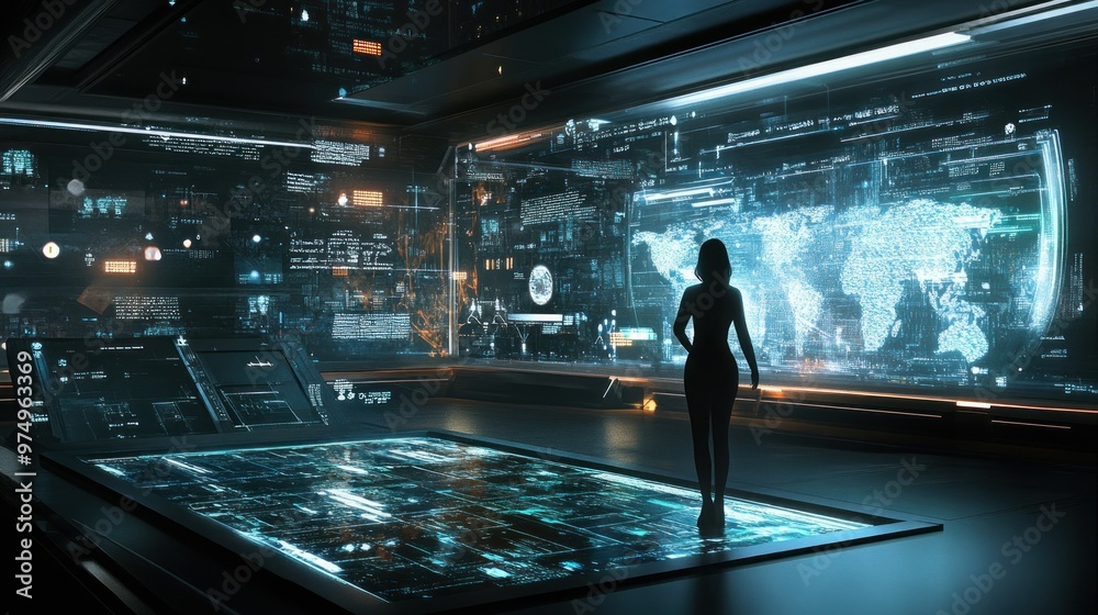 A Silhouetted Figure Observing a World Map Displayed on a Large Screen in a Futuristic Control Room A Silhouetted Figure Observing a World Map Displayed on a Large Screen in a Futuristic Control Room