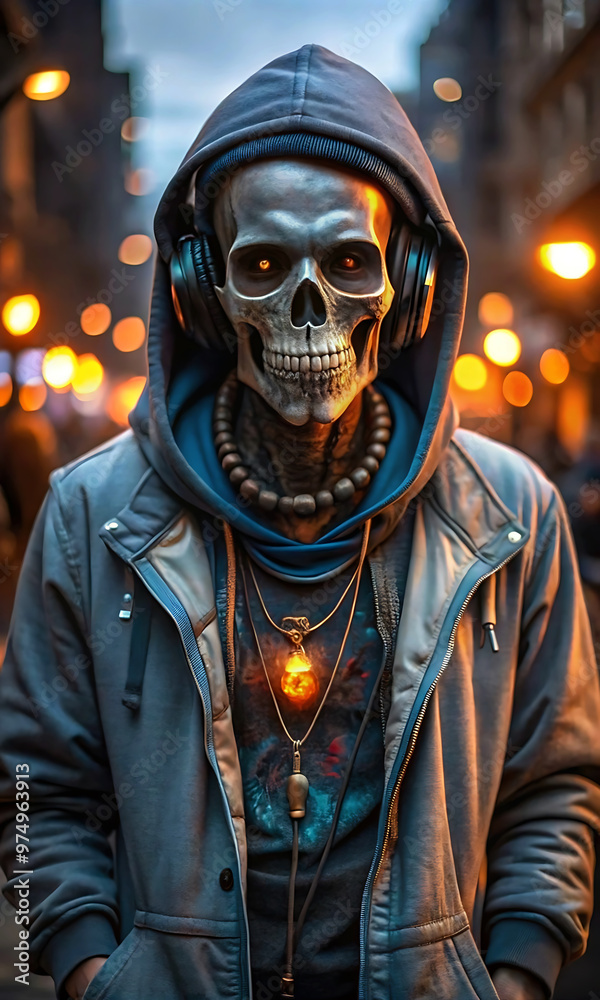 A skeletal figure wears a gray hoodie and a blue jacket, adorned with headphones and a distressed appearance A skeletal figure wears a gray hoodie and a blue jacket, adorned with headphones and a distressed appearance
