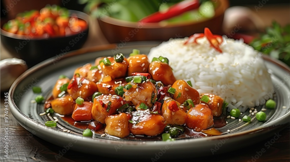 Delicious Asian Chop Suey Chicken and Rice with Flavorful Sauce on Plate for Your Next Meal Delicious Asian Chop Suey Chicken and Rice with Flavorful Sauce on Plate for Your Next Meal
