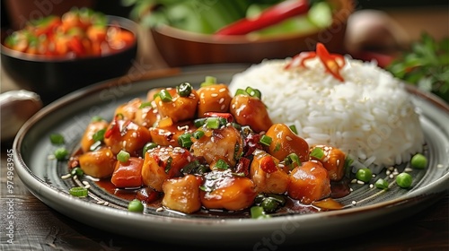 Delicious Asian Chop Suey Chicken and Rice with Flavorful Sauce on Plate for Your Next Meal